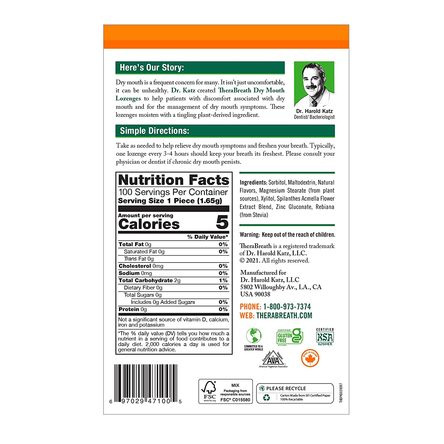 TheraBreath Dry Mouth ZINC Lozenges, Mandarin Mint Flavor, 100 Lozenges