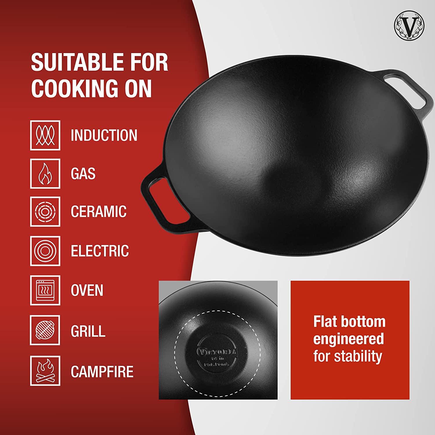 Victoria Cookware Victoria Cookware Victoria 14-Inch Cast-Iron Wok with Loop Handles, Preseasoned with ...