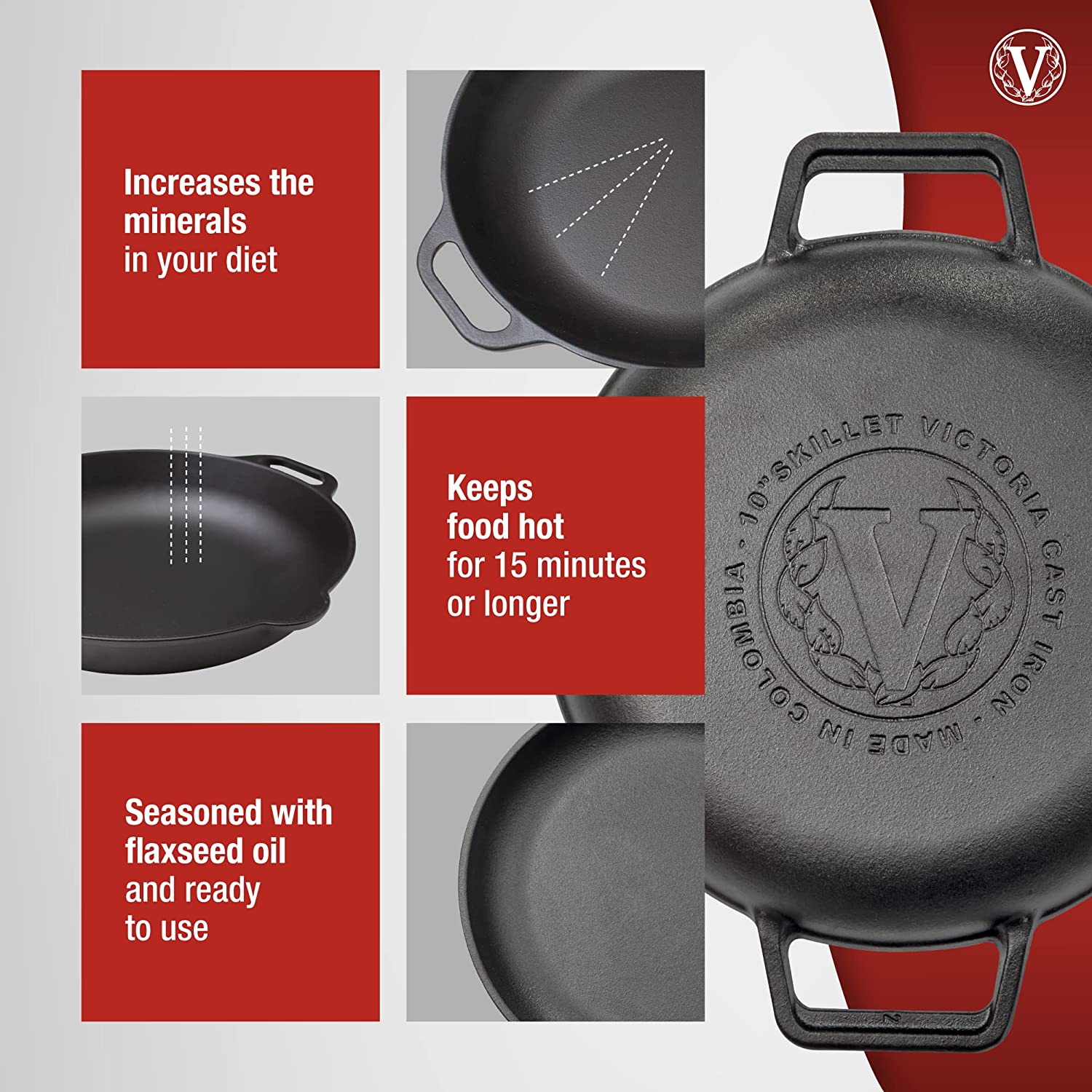 Victoria Cookware Victoria Cookware Victoria 10-Inch Cast-Iron Round Skillet with Double Loop Handles, Made ...