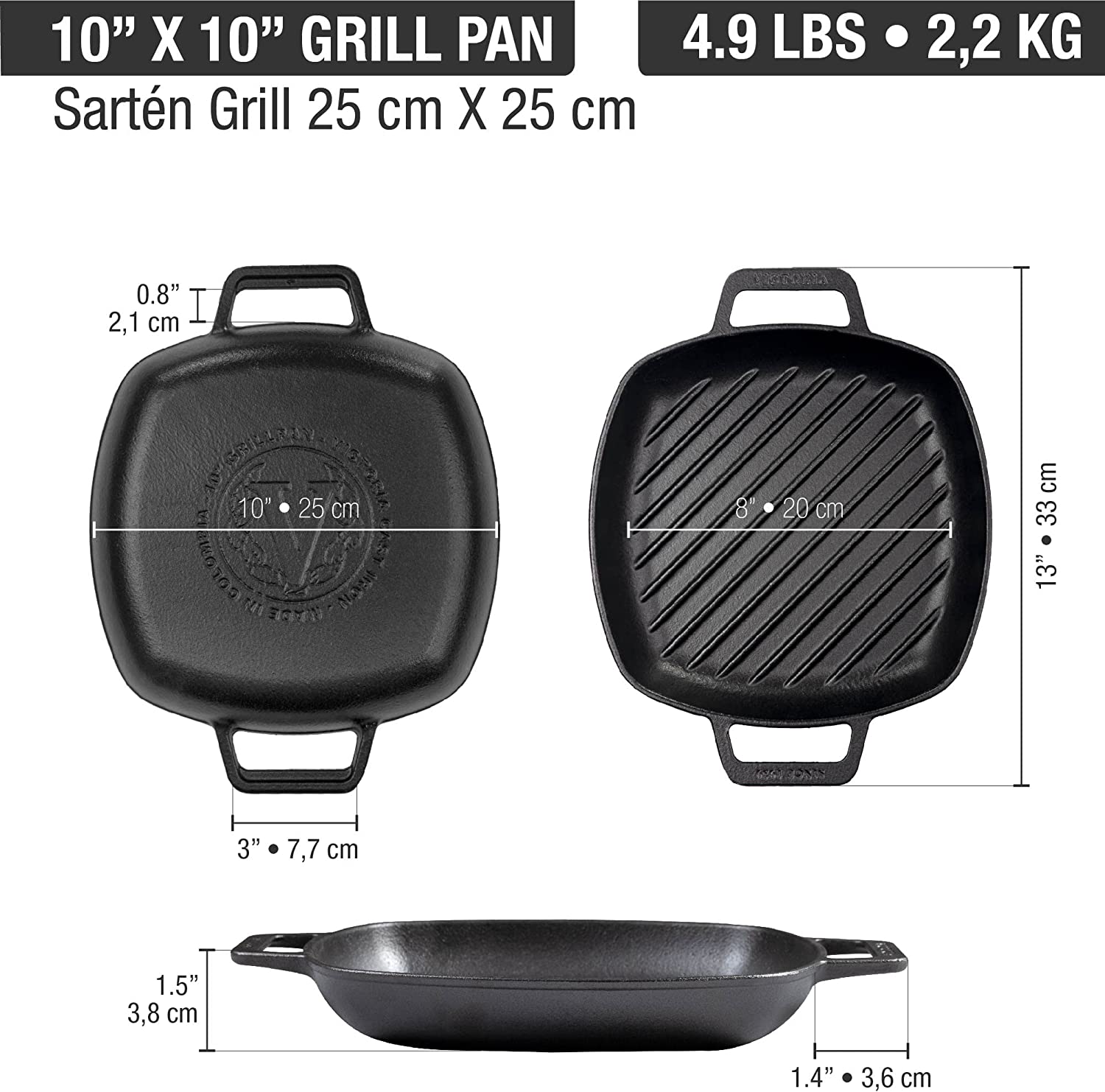 Victoria Cast Iron Square Grill Double Loop Handles, Griddle Pan ...